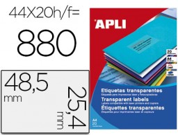 CJ20 hojas A4 880 etiquetas adhesivas Apli 01223 transparentes 48,5x25,4mm. láser